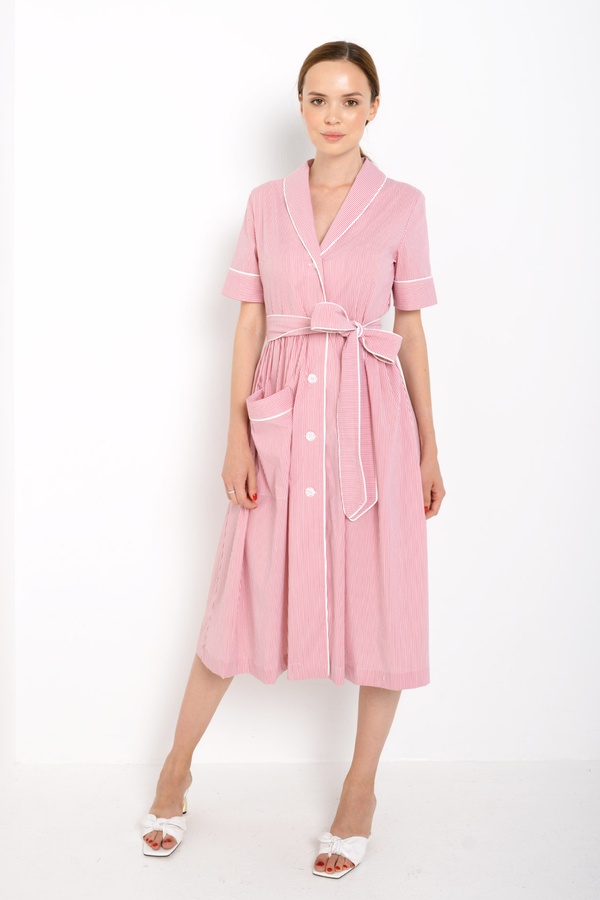 Платье с кантом, в полоску, красное