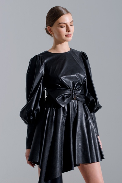 Платье с ассиметричной юбкой, кожа, черное
