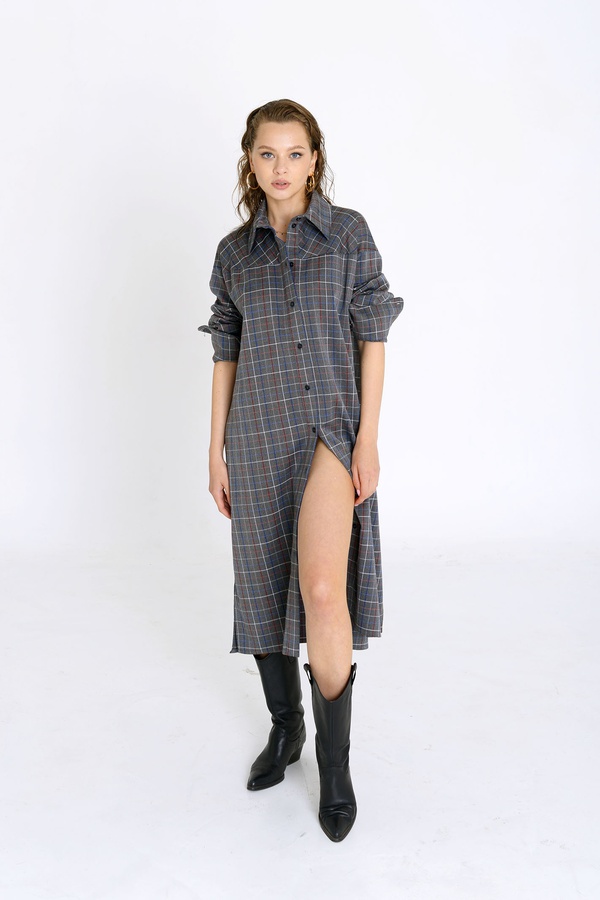Платье-рубашка в клетку, серая